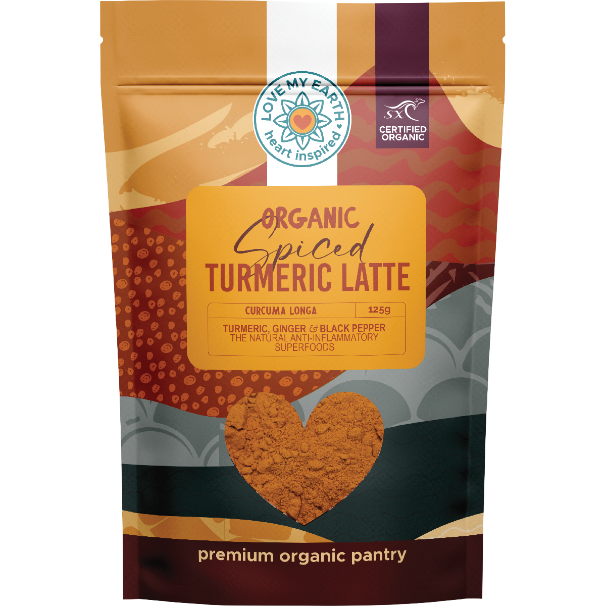 Love My Earth 125g Organic Spiced Turmeric Latte pouch on a white background.