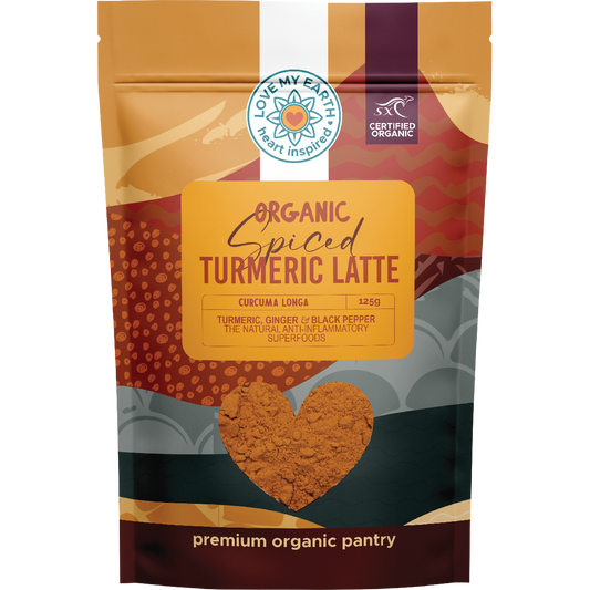 Love My Earth 125g Organic Spiced Turmeric Latte pouch on a white background.