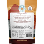Back of Love My Earth 125g Turmeric Latte pouch showing ingredients and nutritional info on a white background.