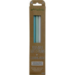 Four pastel-colored reusable silicone straws (olive, mustard, flesh, and rust) with a cleaning brush in packaging.