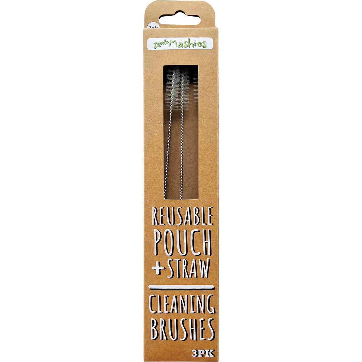 Three Little Mashies straw cleaning brushes with stainless steel handles and white nylon bristles.