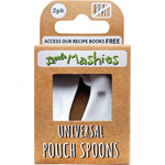 Two blue and green Little Mashies silicone pouch spoons for mess-free baby feeding from reusable food pouches.