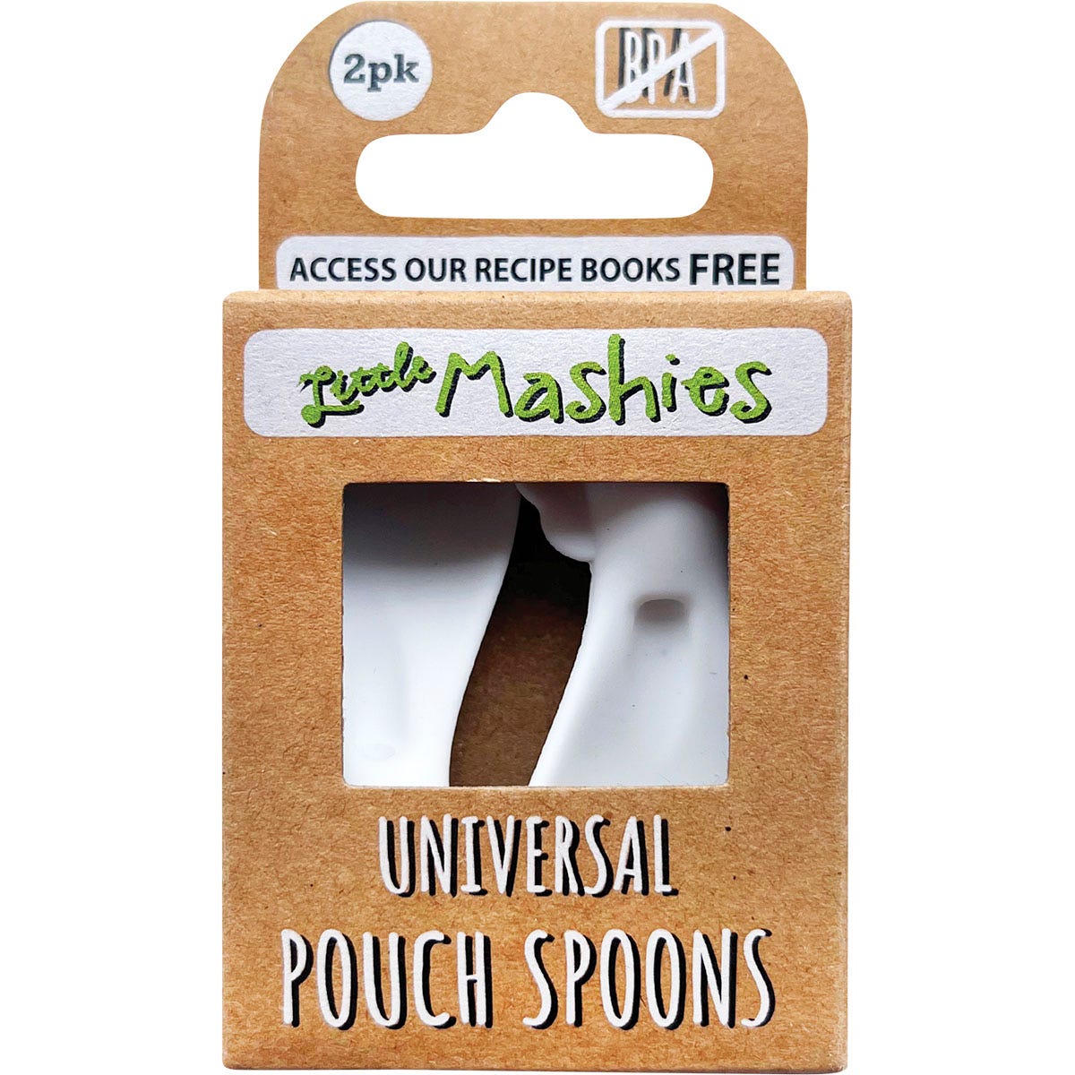Two blue and green Little Mashies silicone pouch spoons for mess-free baby feeding from reusable food pouches.