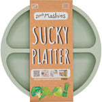 Olive green divided silicone suction plate for babies with three sections on a white background.
