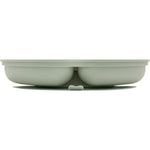 Side view of an olive green divided silicone suction plate for babies on a white background.