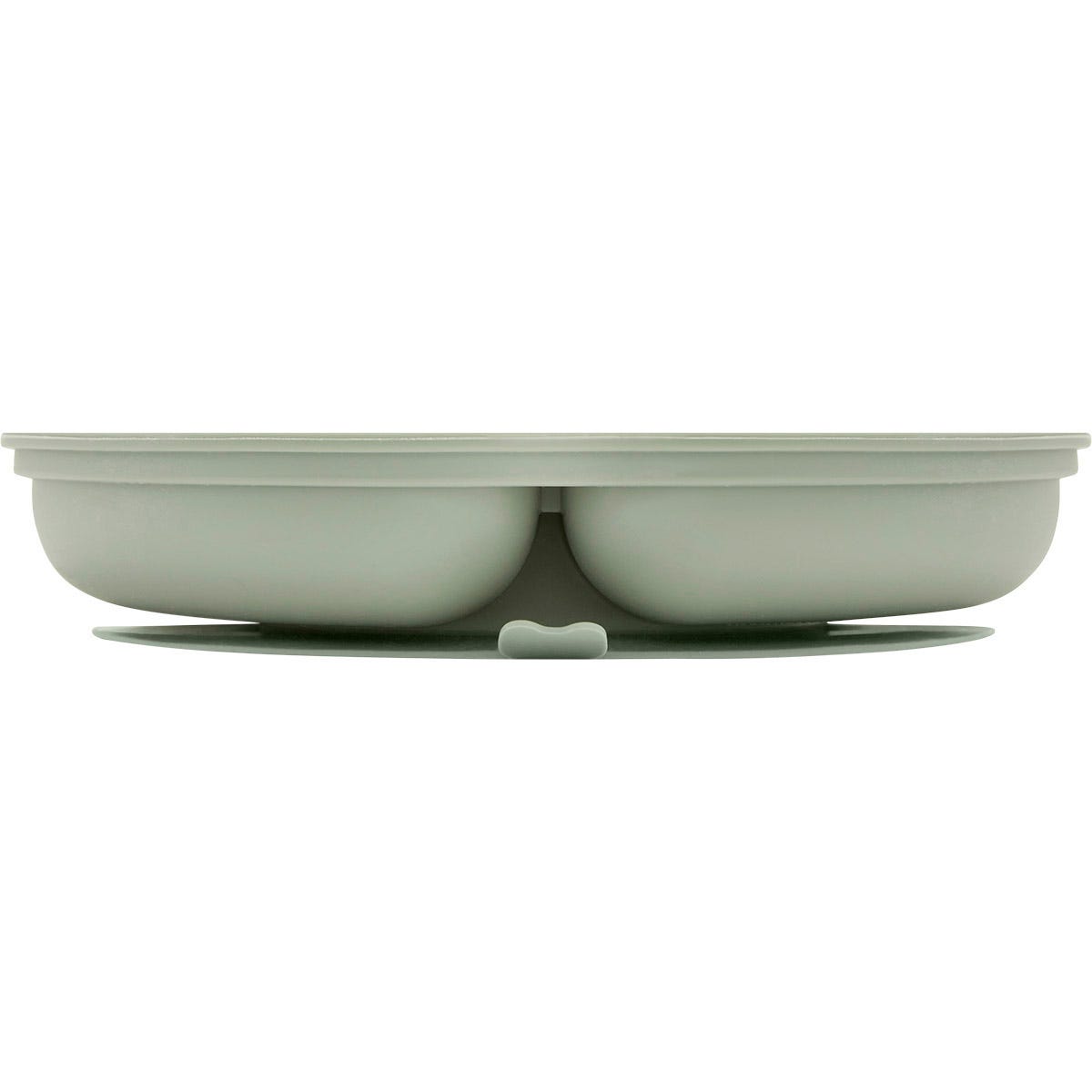 Side view of an olive green divided silicone suction plate for babies on a white background.