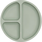 Top view of a round olive green silicone suction plate for babies with three divided sections on a white background.