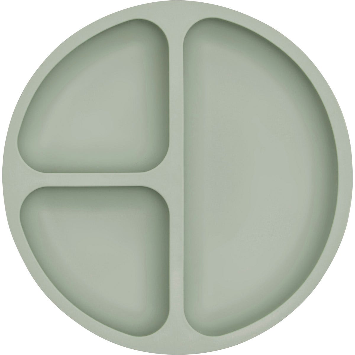 Top view of a round olive green silicone suction plate for babies with three divided sections on a white background.