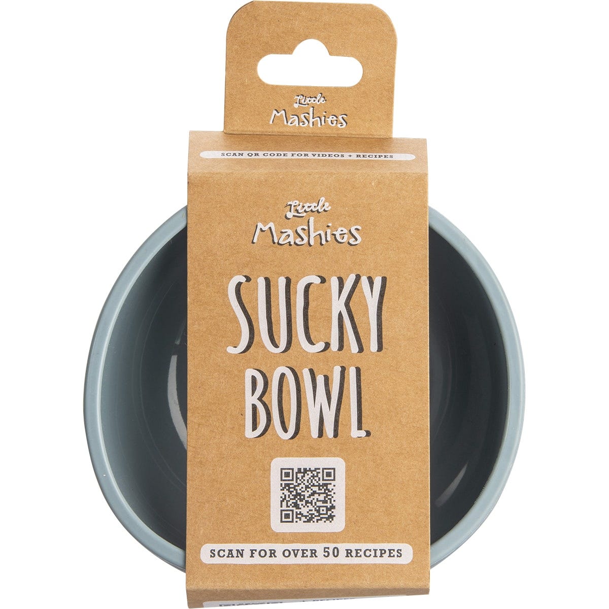 Dusty blue silicone baby suction bowl with a tall, rounded rim and wide base, designed by Little Mashies.