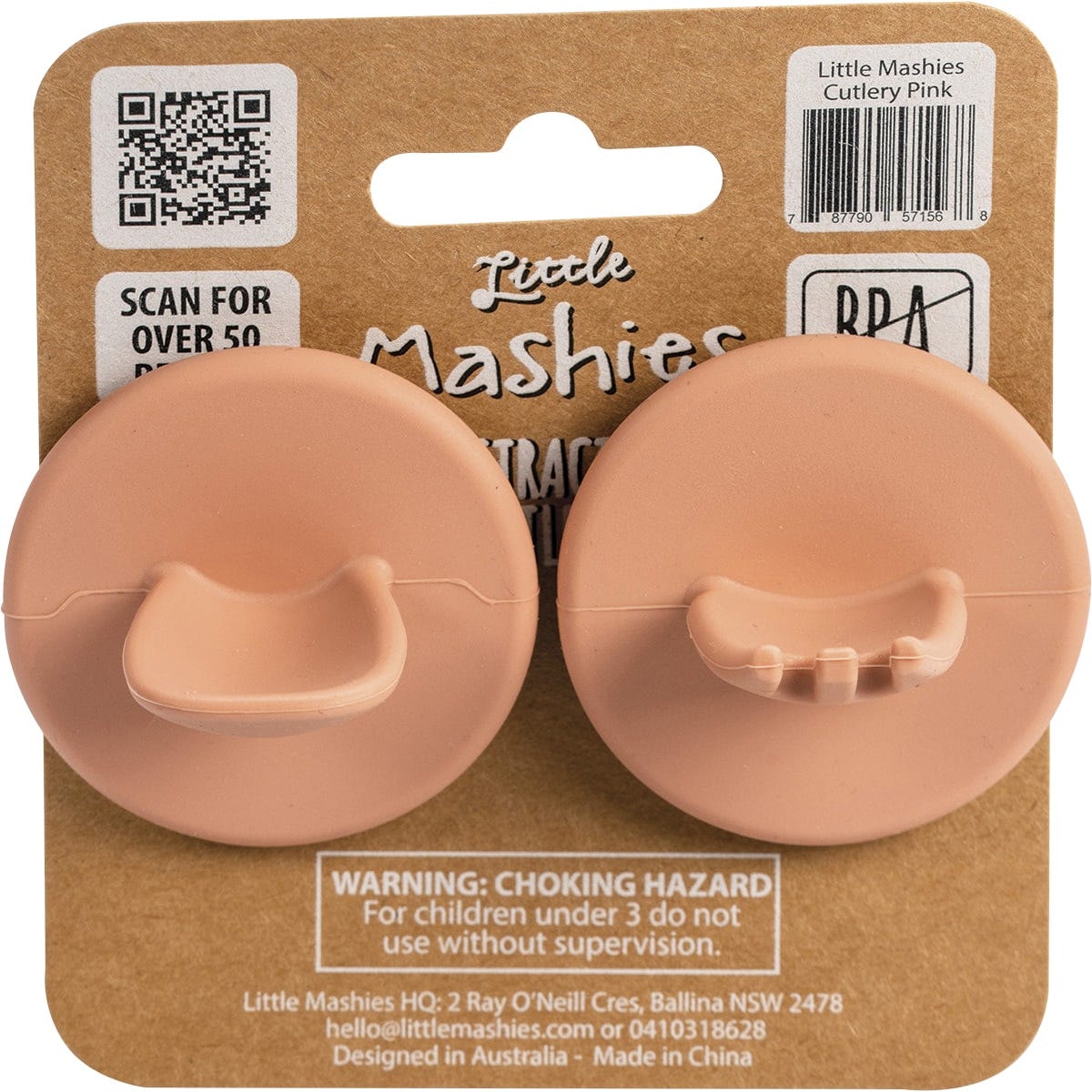 Blush pink silicone baby cutlery set including a spoon and fork with easy-grip handles for infants.