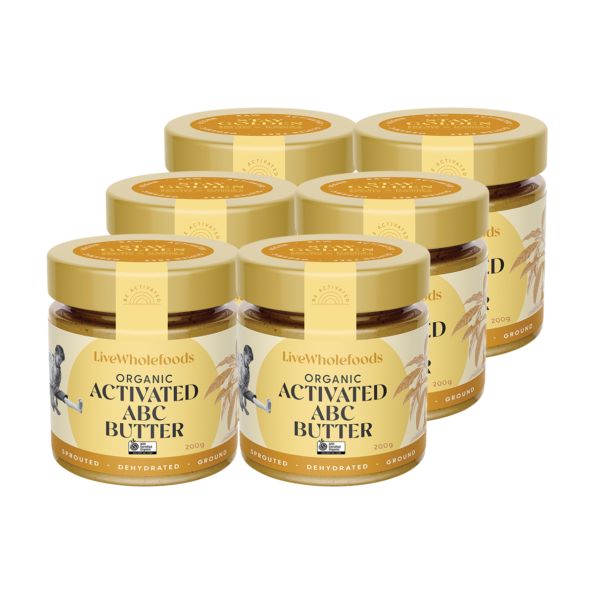 Five jars of LiveWholefoods Organic Activated ABC Butter arranged in a 2x2 cluster with one jar in front, on a solid white background.