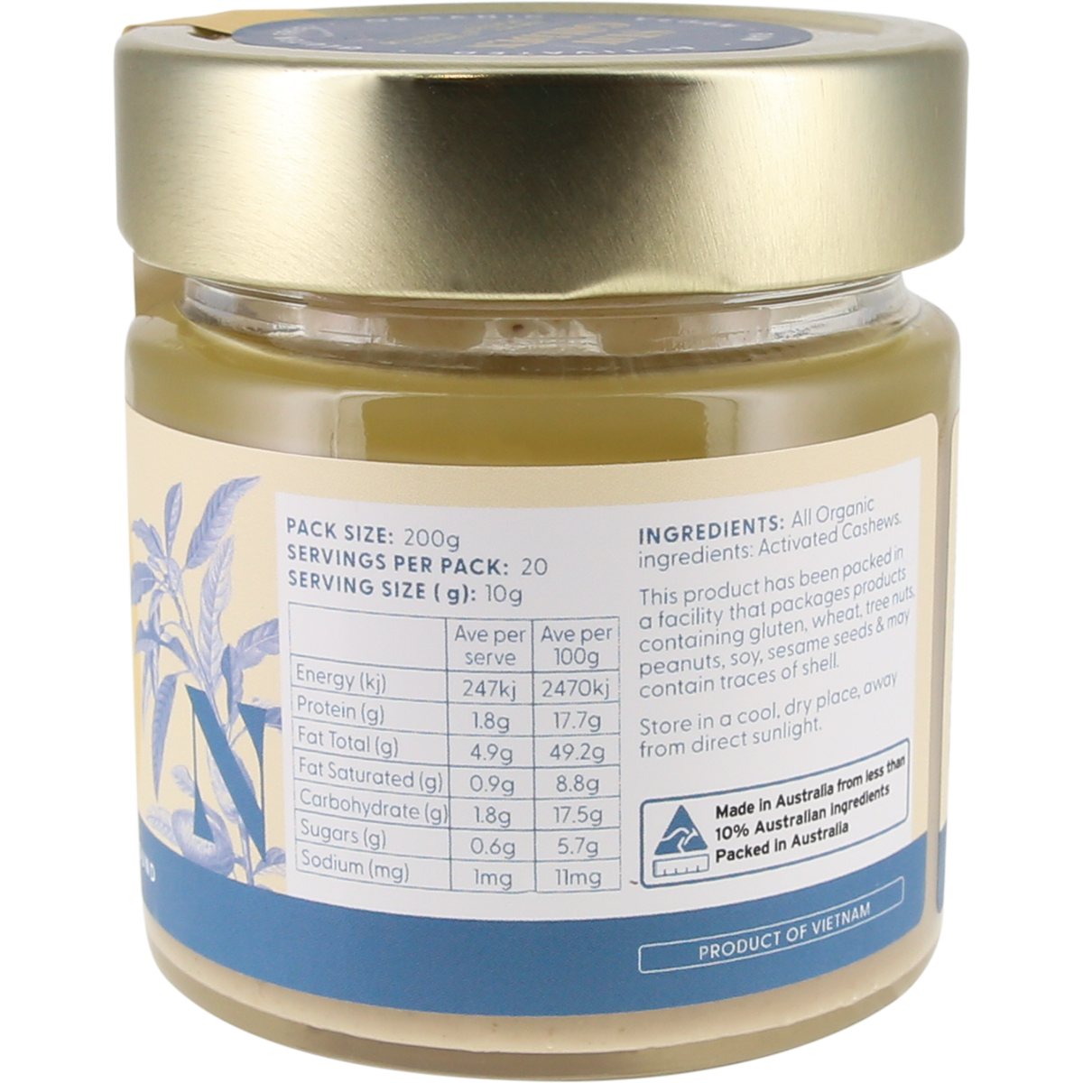A jar of organic sea urchin snacks from Pacific Organic Foods, featuring a gold lid, a cream and blue label with nutritional information, and a white base.
