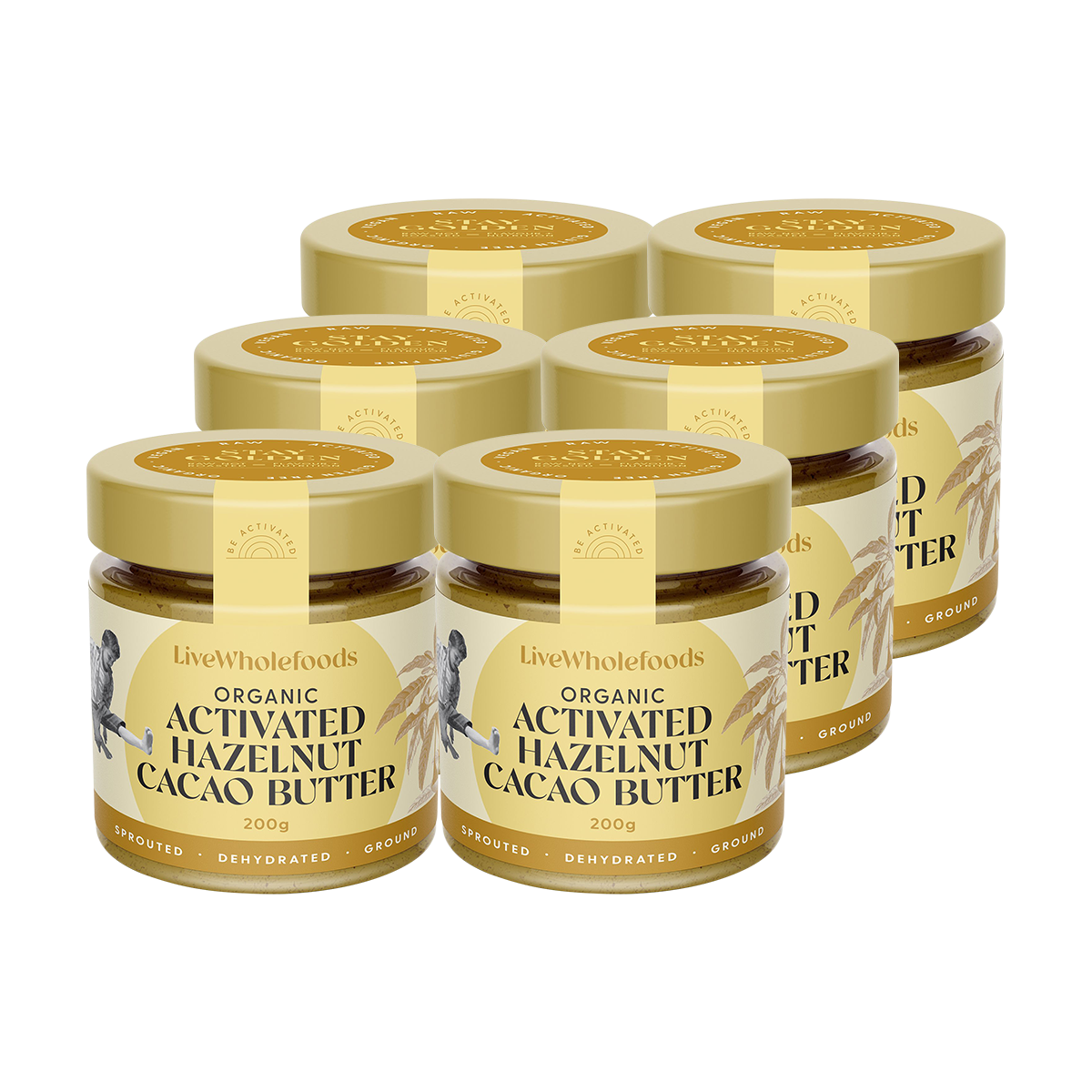 Six jars of Live Whole Foods Organic Activated Hazelnut Cacao Butter arranged in two rows on a solid white background.