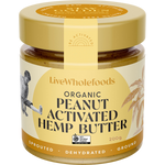 A jar of LiveWholefoods Organic Peanut Activated Hemp Butter on a plain white background. The jar has a gold lid and a cream and gold label with black text, showing the brand and product name clearly.