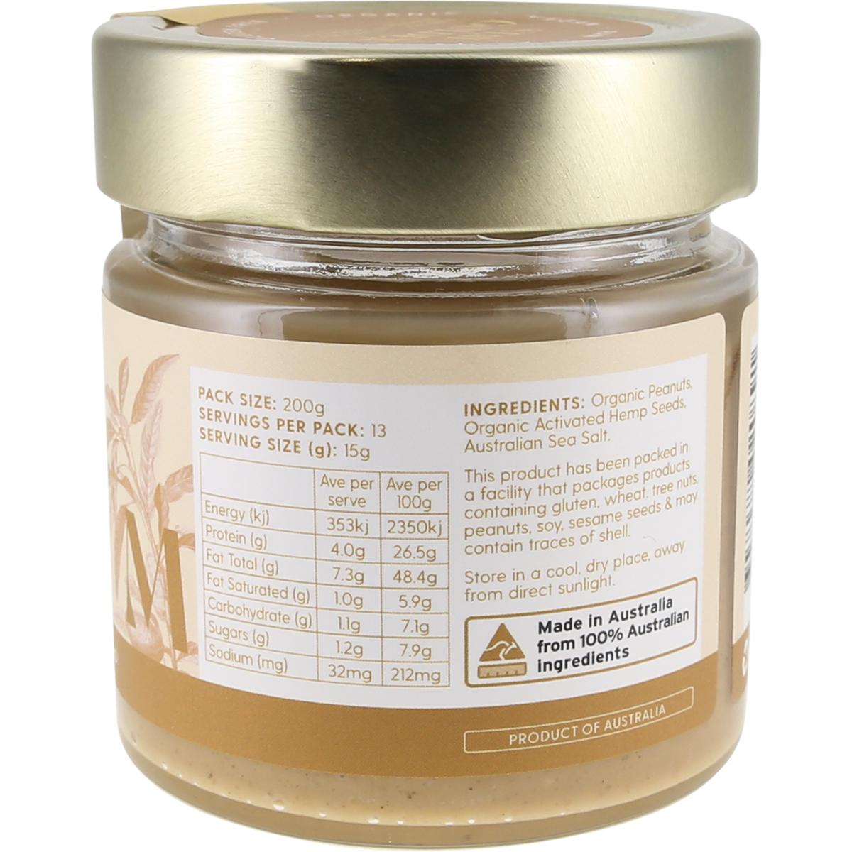 A jar of Organic Activated Hemp Seeds with Sea Salt, showing the back label with nutritional information and a 'Made in Australia' logo, topped with a gold lid.