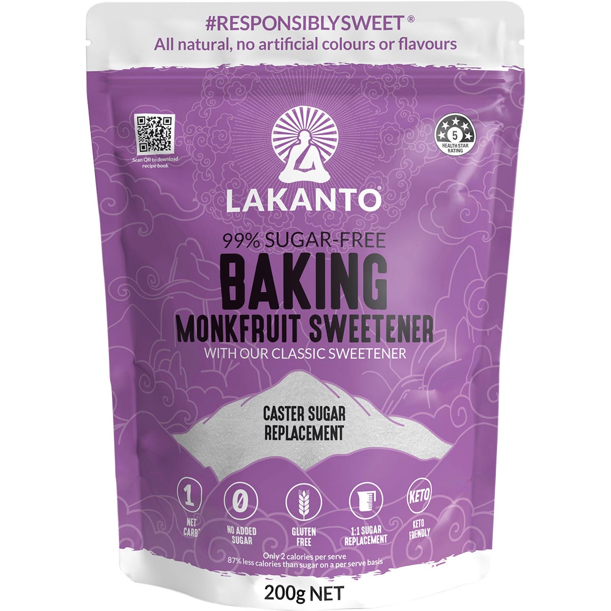 Lakanto Baking Blend Monkfruit Sweetener 200g bag, a caster sugar replacement for healthy baking.
