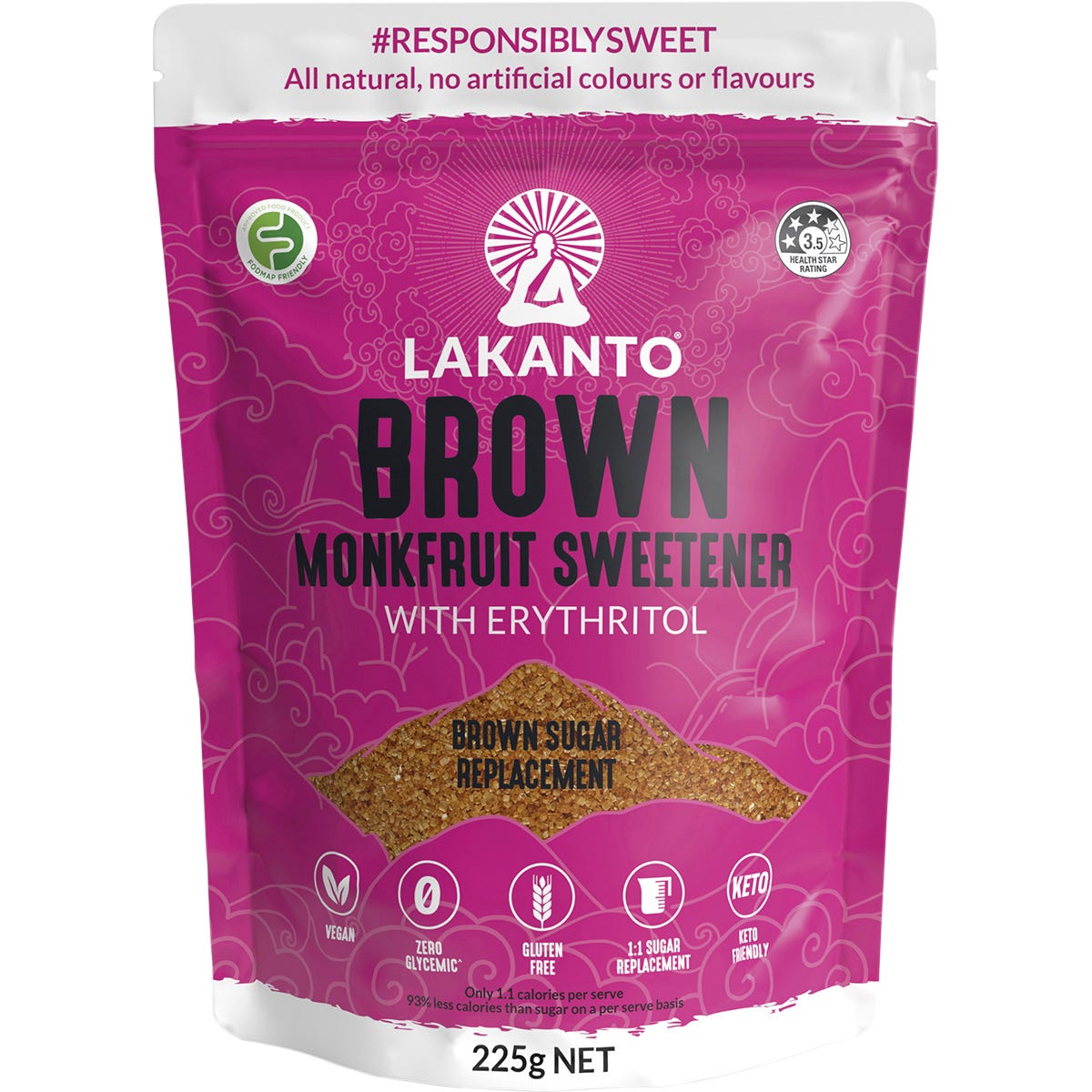 225g bag of Lakanto Brown Monkfruit Sweetener, a sugar-free brown sugar replacement on a white background.