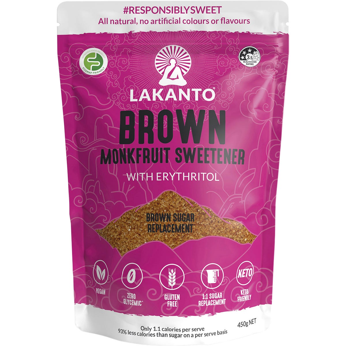 450g bag of Lakanto Brown Monkfruit Sweetener, a brown sugar replacement, on a white background.
