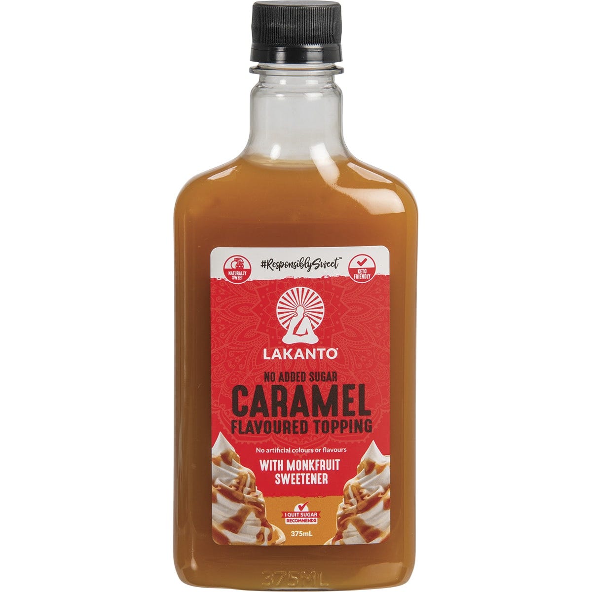 375ml bottle of Lakanto Caramel Flavoured Topping with monkfruit sweetener on a white background.