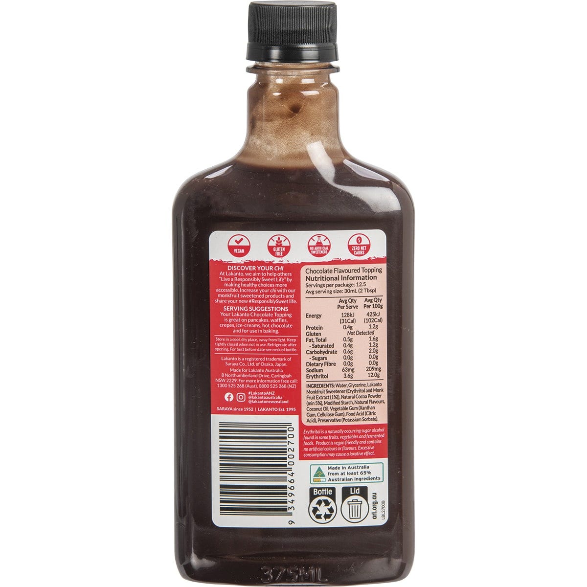 Lakanto Chocolate Flavoured Topping 375ml bottle featuring a sugar-free and keto-friendly monk fruit sweetener label.