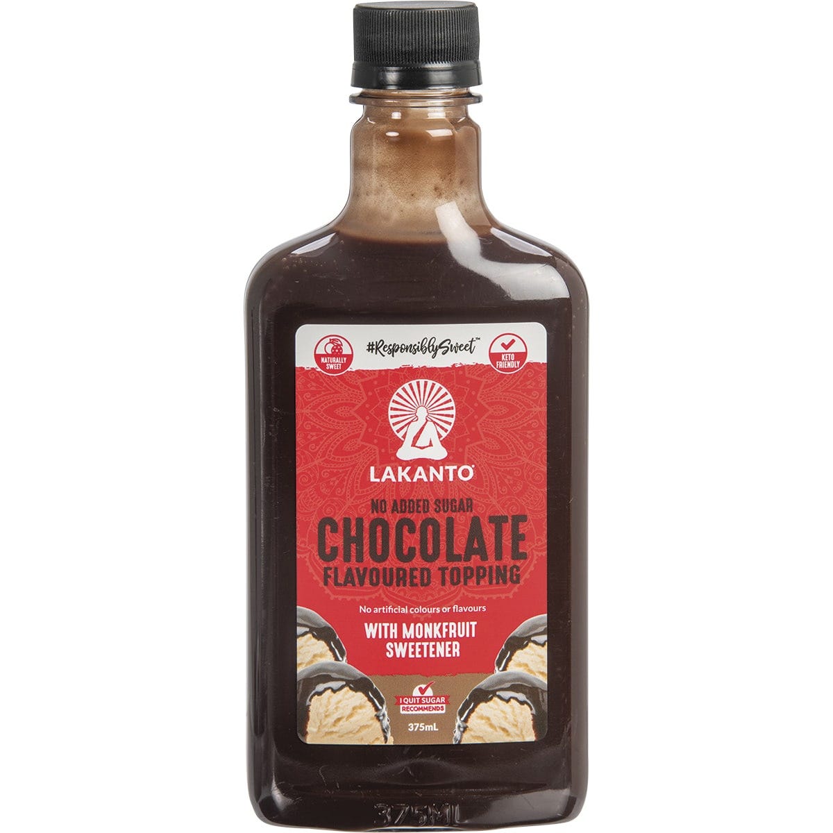 Lakanto Chocolate Flavoured Topping 375ml bottle with monkfruit sweetener and sugar-free labels.