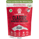 200g bag of Lakanto Classic Monkfruit Sweetener, a white sugar replacement, featuring red and white packaging.