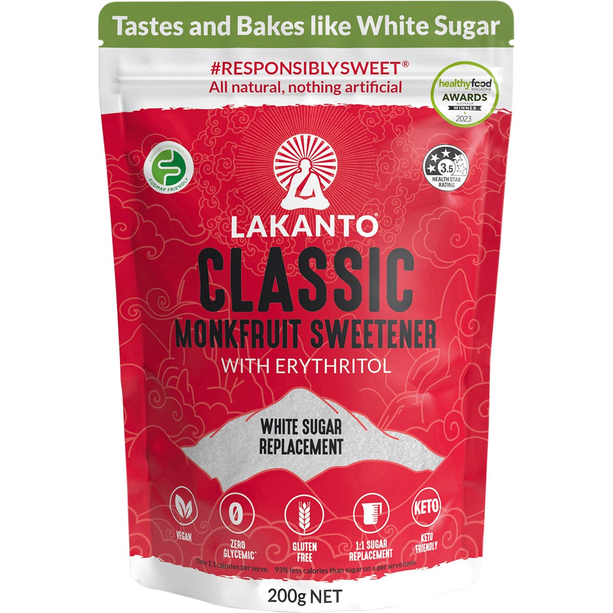 200g bag of Lakanto Classic Monkfruit Sweetener, a white sugar replacement, featuring red and white packaging.