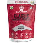 500g bag of Lakanto Classic Monkfruit Sweetener, a white sugar replacement, featuring a monk illustration.