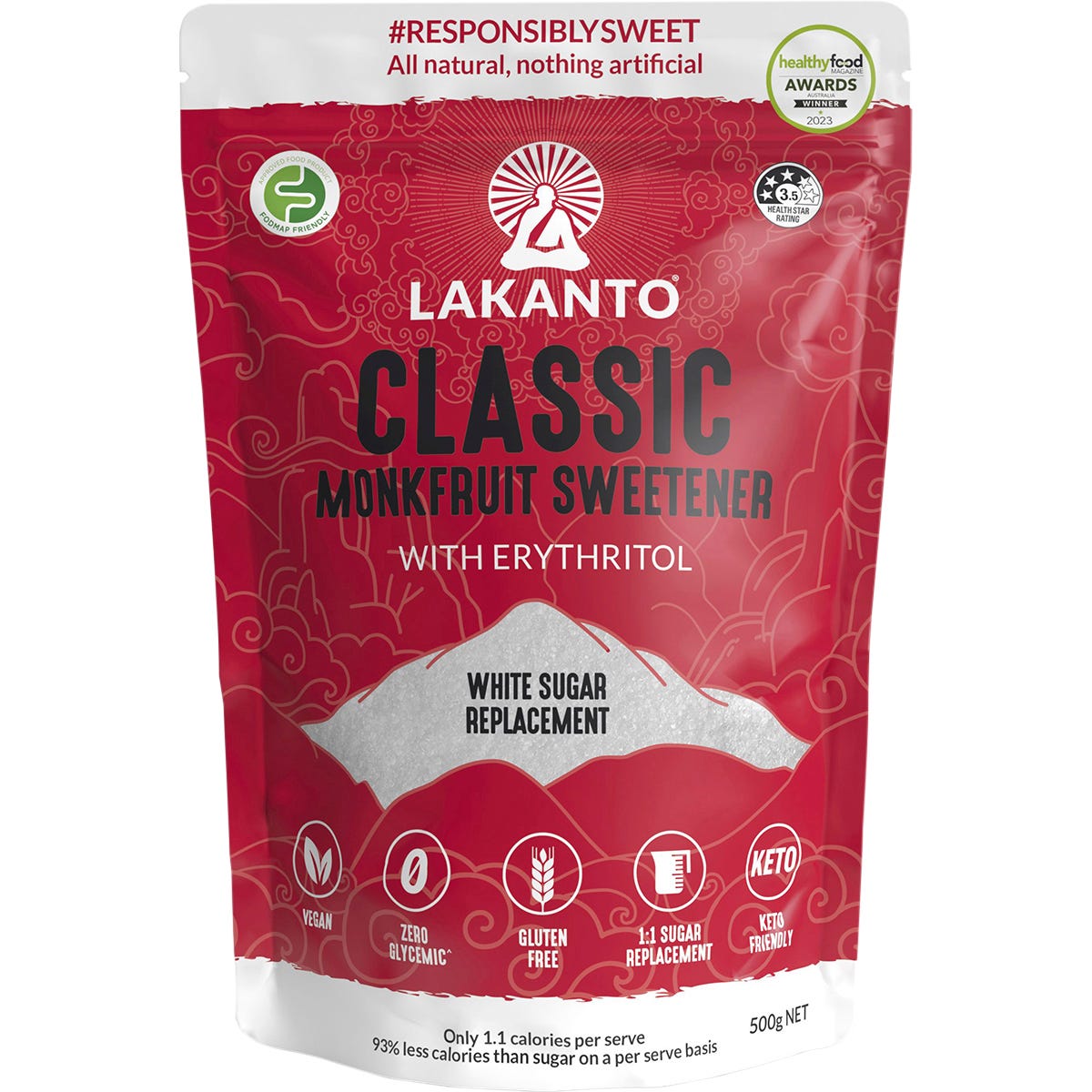 500g bag of Lakanto Classic Monkfruit Sweetener, a white sugar replacement, featuring a monk illustration.