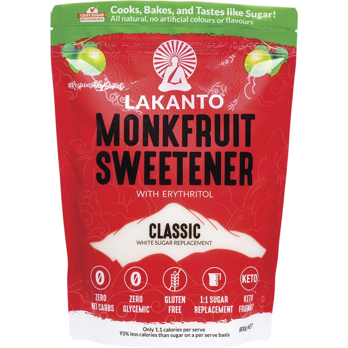 800g bag of Lakanto Classic Monkfruit Sweetener, a white sugar replacement, featuring a monk fruit illustration.
