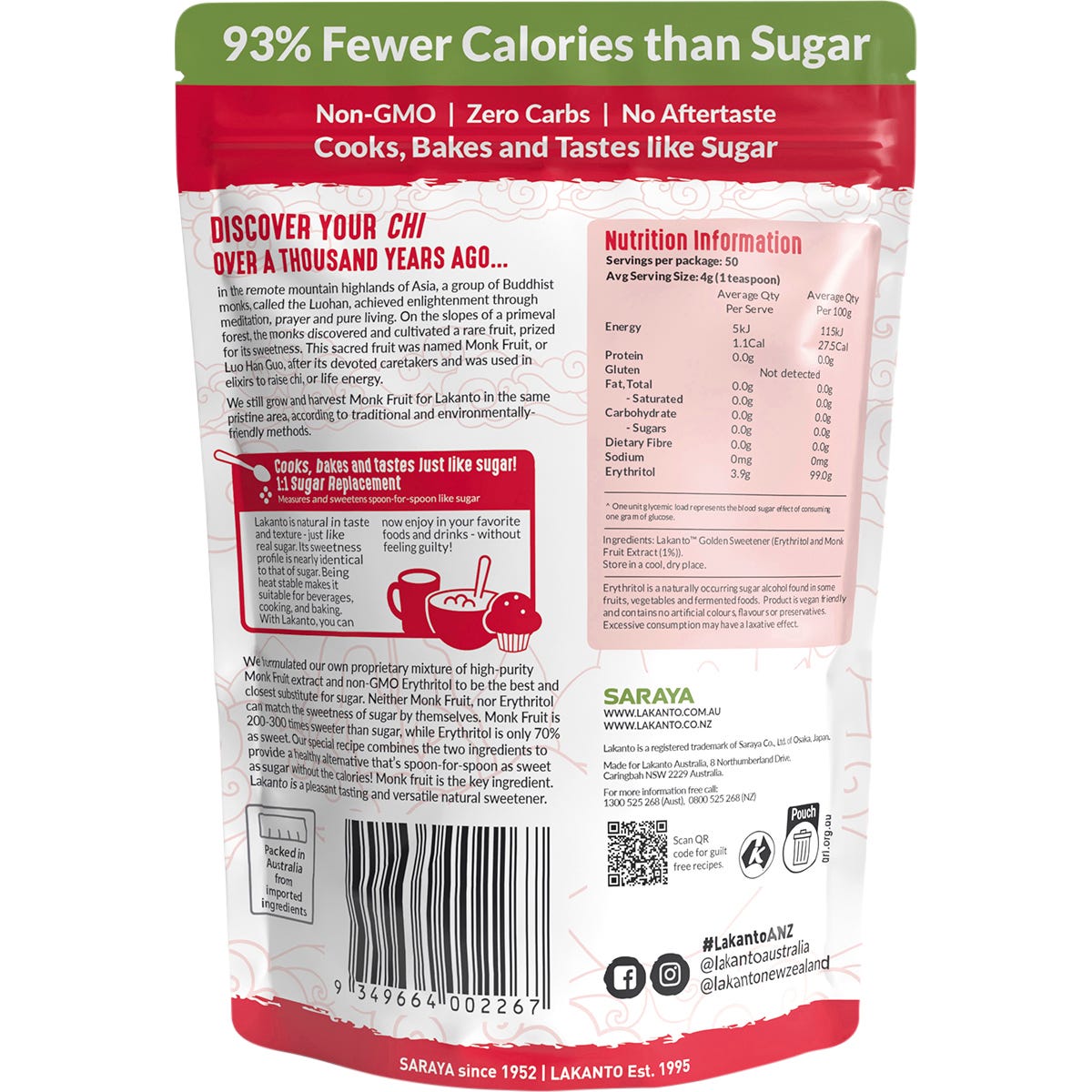 Back of a 200g Lakanto Golden Monkfruit Sweetener pouch showing nutrition facts and ingredients.