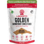 200g pouch of Lakanto Golden Monkfruit Sweetener, a raw cane sugar substitute with gold and white branding.