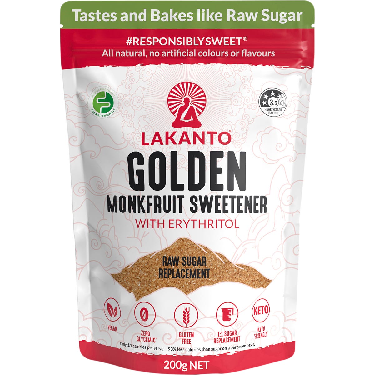 200g pouch of Lakanto Golden Monkfruit Sweetener, a raw cane sugar substitute with gold and white branding.