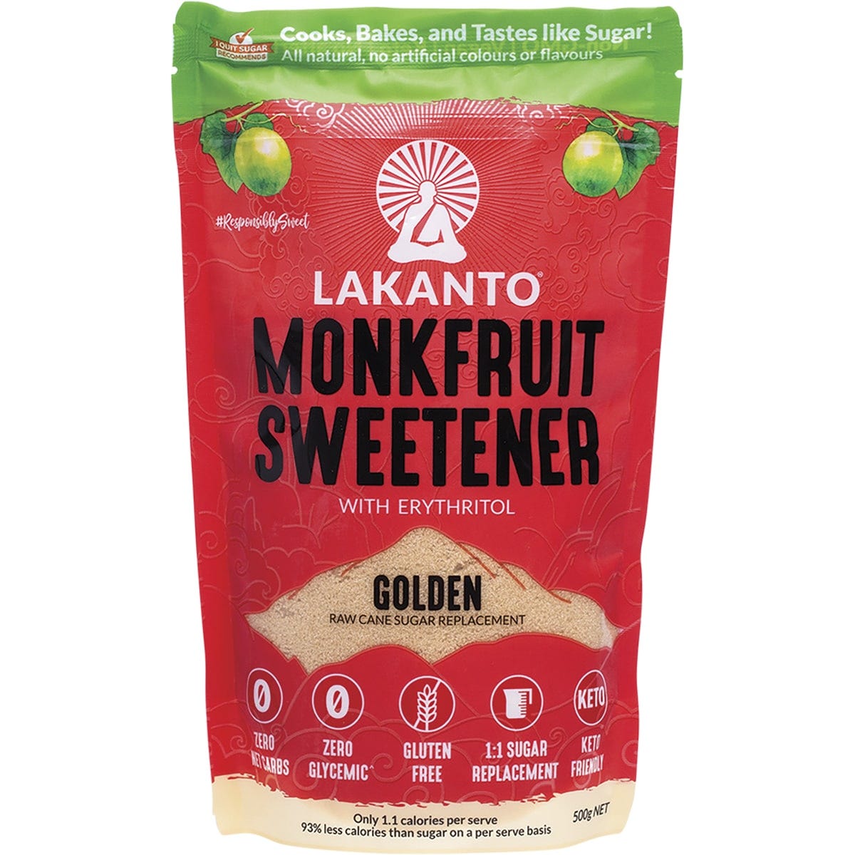 500g bag of Lakanto Golden Monkfruit Sweetener, a raw cane sugar replacement, featuring a monk fruit illustration.