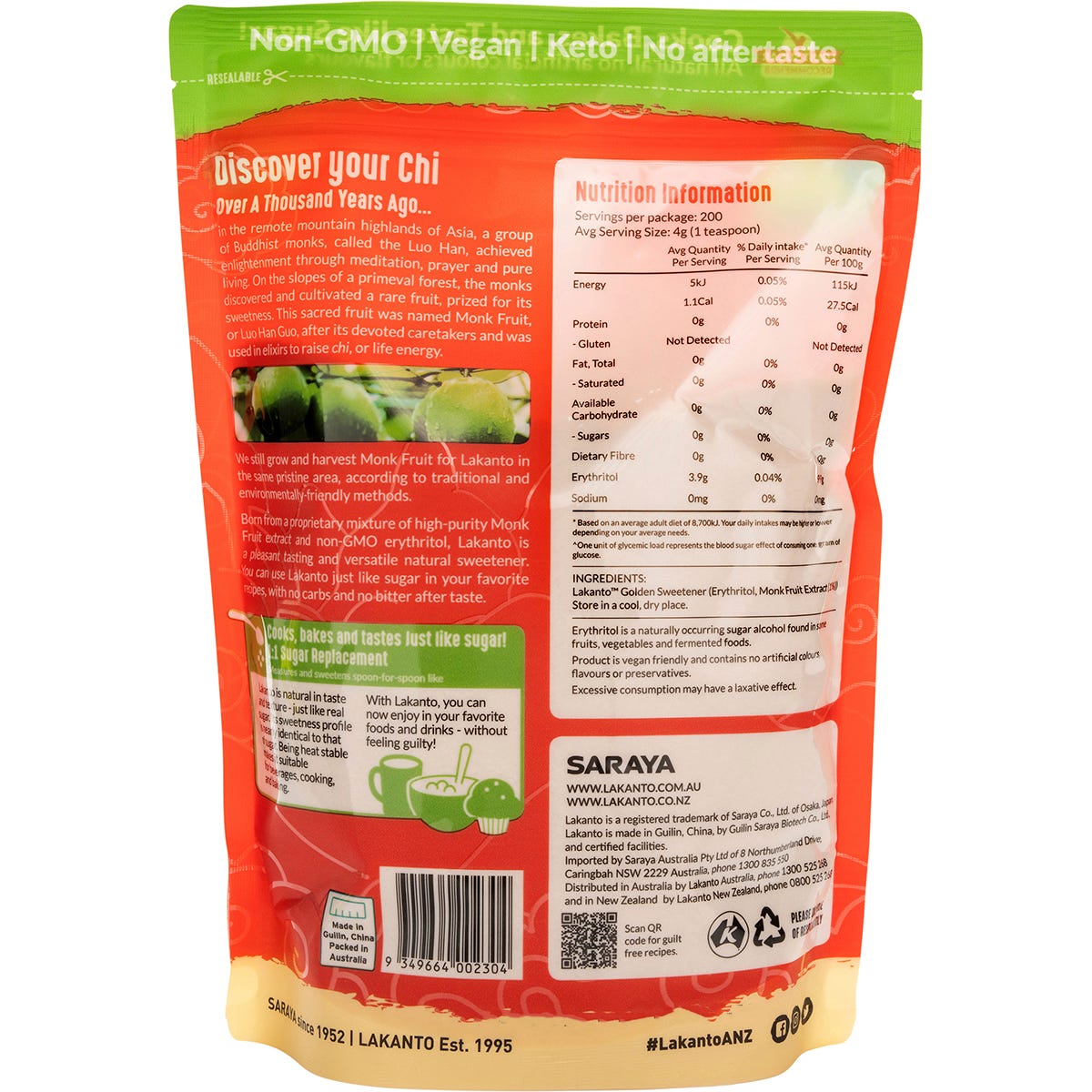 800g bag of Lakanto Golden Monkfruit Sweetener on a white background.