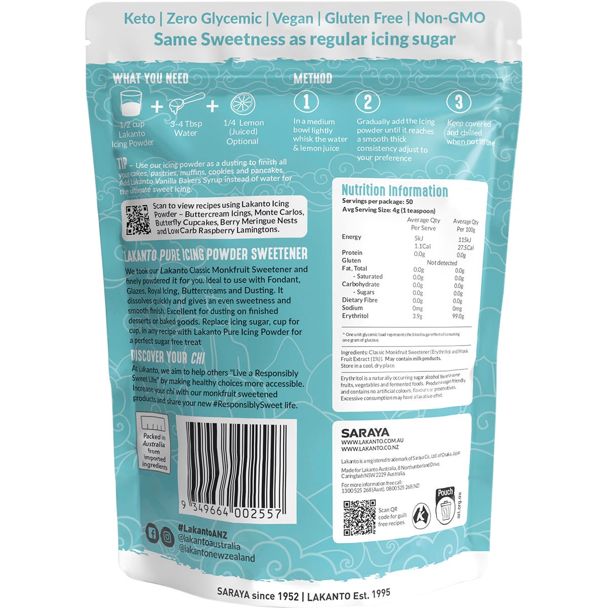 Back of Lakanto Icing Powder 200g bag showing nutrition facts, ingredients, and 1:1 sugar replacement instructions.
