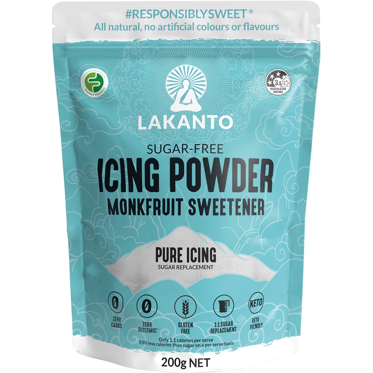 Lakanto 200g Icing Powder Monkfruit Sweetener bag featuring a blue label and 93% less calories claim.