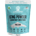 Lakanto 200g Icing Powder Monkfruit Sweetener bag featuring a blue label and 93% less calories claim.