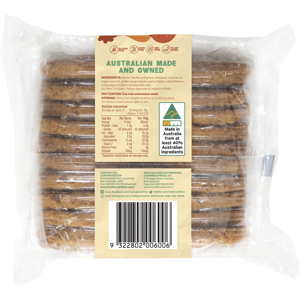 Leda ANZAC Biscuits Bakery Range 250g (Pack of 6) Payless 4 Organics