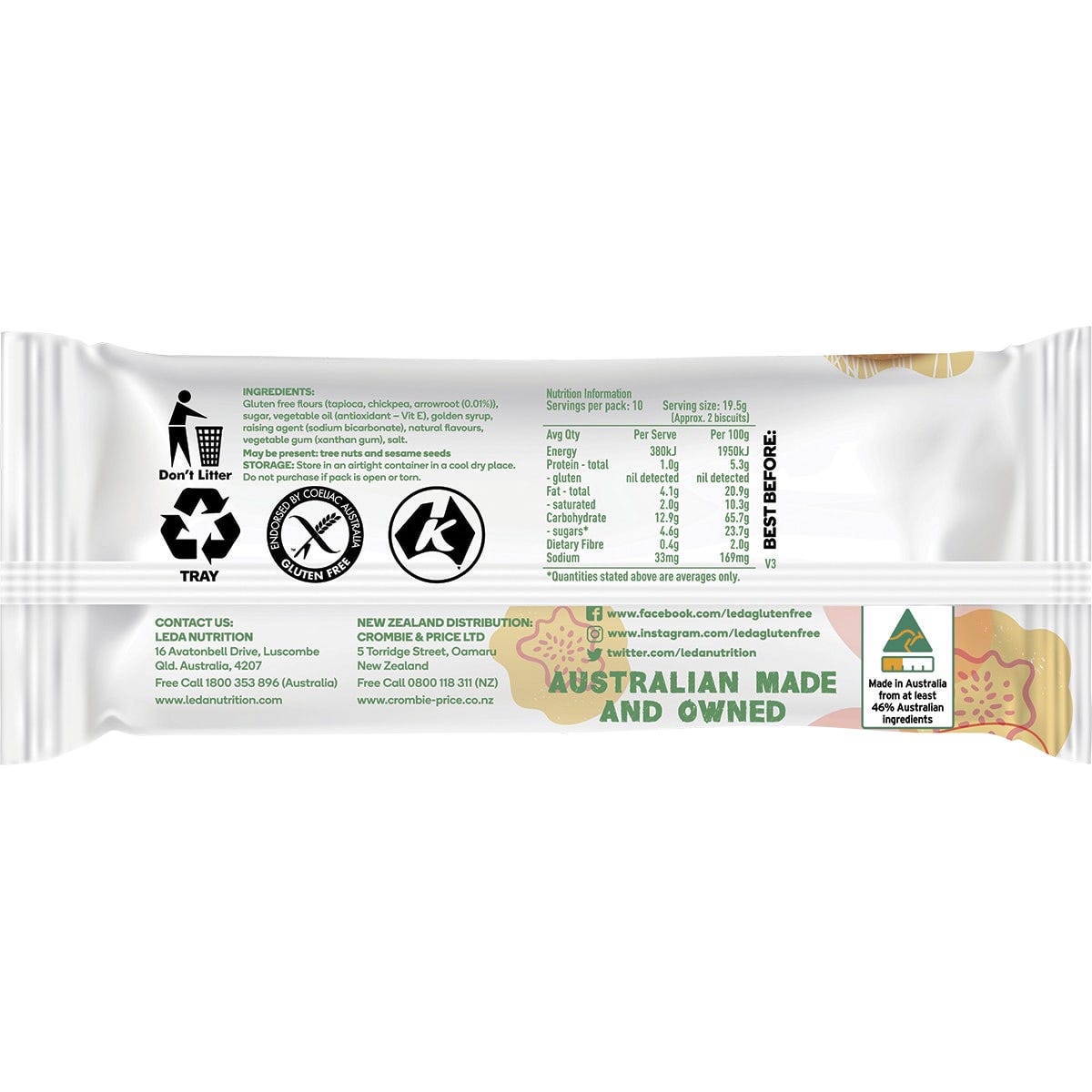 Single 205g pack of Leda Arrowroot Biscuits, gluten-free and vegan, on a white background.