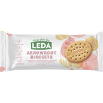 Eight 205g packs of Leda Arrowroot Biscuits, gluten-free and vegan, arranged in two rows on a white background.