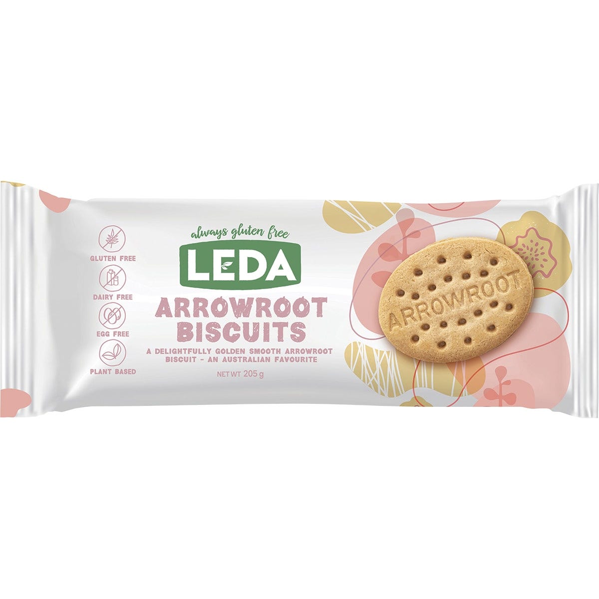 Eight 205g packs of Leda Arrowroot Biscuits, gluten-free and vegan, arranged in two rows on a white background.