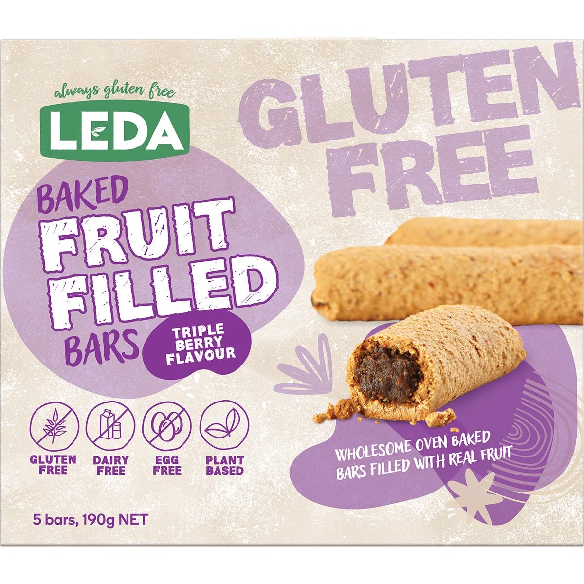 Leda Triple Berry baked fruit filled bars in a 190g multipack box featuring a 40% real fruit filling.