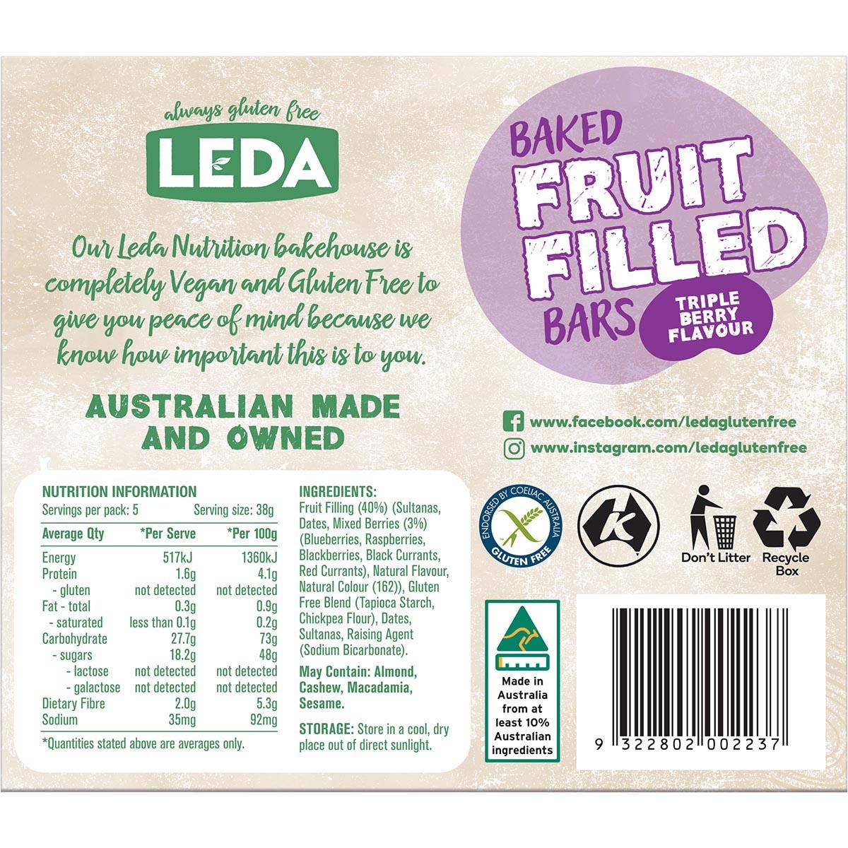 Side of a Leda Triple Berry fruit bars box showing nutrition facts, ingredients, and gluten-free certification.