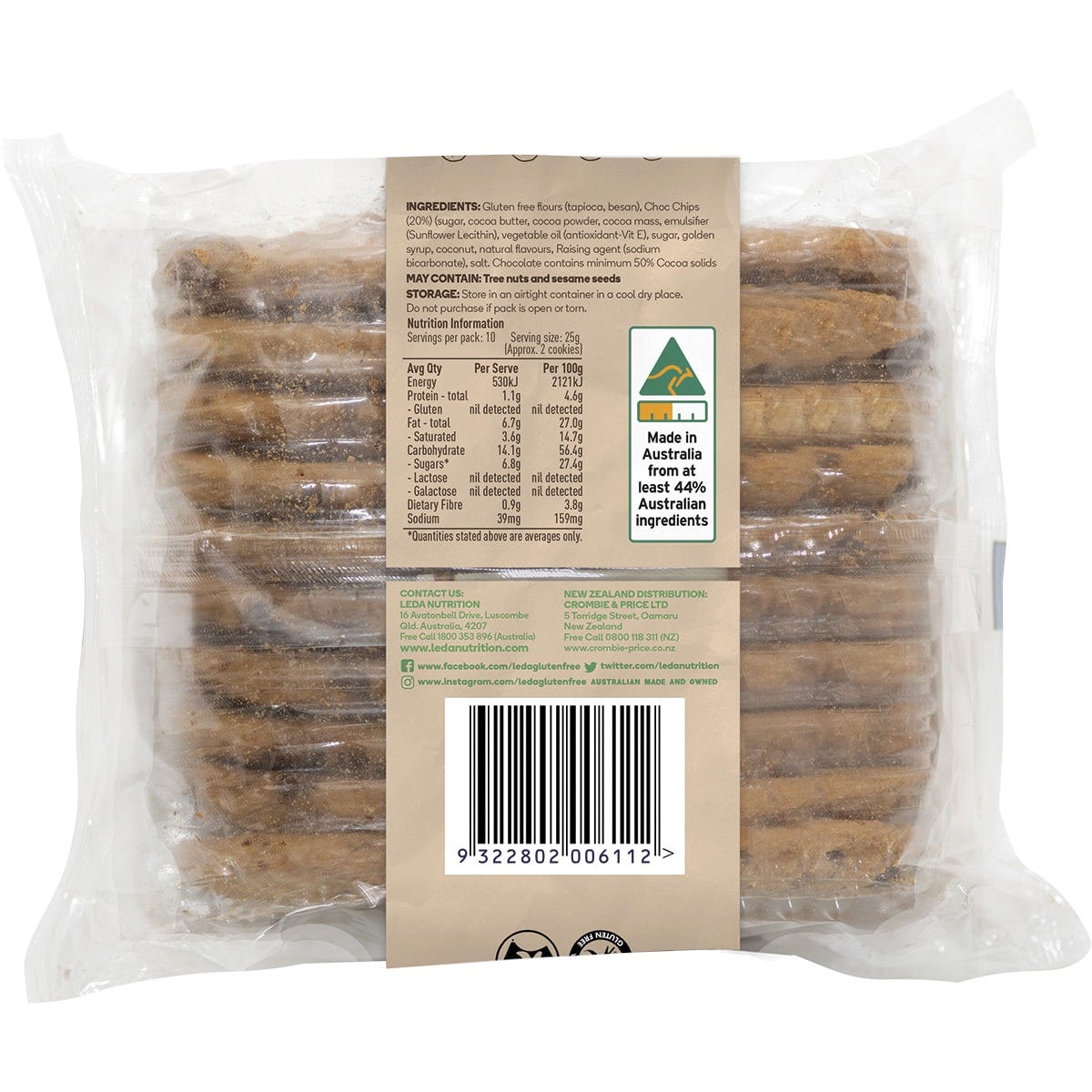 Leda Bakery 250g Choc Chip Cookies pack from the bakery range on a white background.