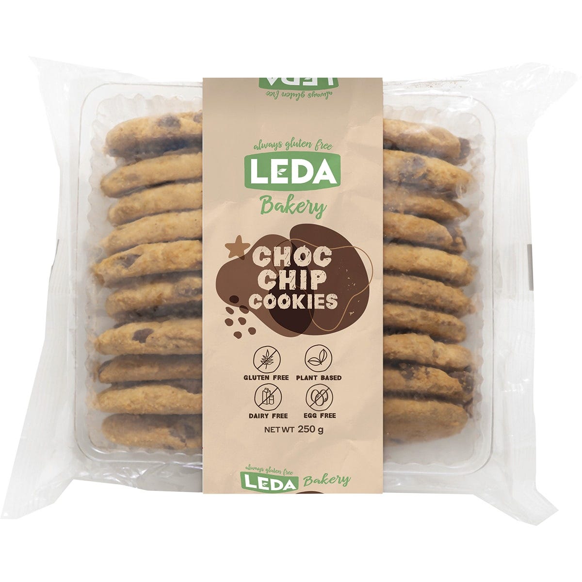 Six 250g packs of Leda Choc Chip Cookies from the bakery range on a white background.