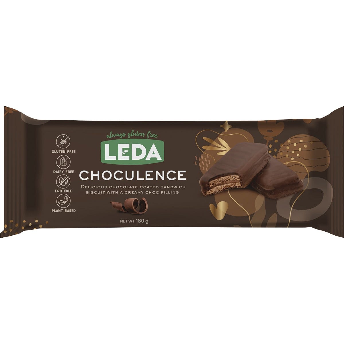 Box of 12 Leda Choculence Biscuits 180g packs, gluten and dairy free chocolate coated sandwich biscuits.