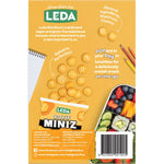 Back of Leda Cracker Miniz Cheeze 6-pack bag showing nutrition facts, ingredients, and allergen information.