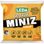 Side view of a Leda Cracker Miniz Cheeze 6-pack bag highlighting gluten-free and vegan certifications.