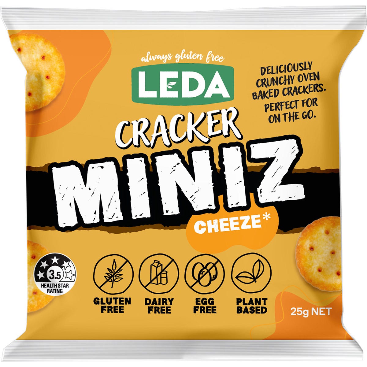Side view of a Leda Cracker Miniz Cheeze 6-pack bag highlighting gluten-free and vegan certifications.